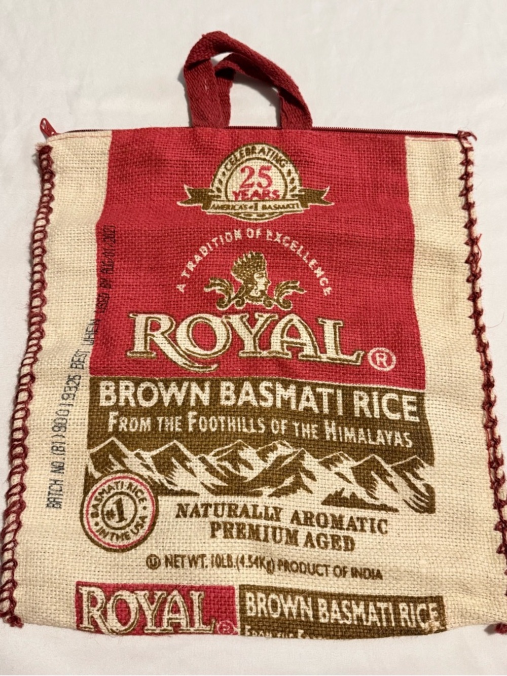 Royal Brown Basmati Rice Jute Tote Bag - Red & Natural